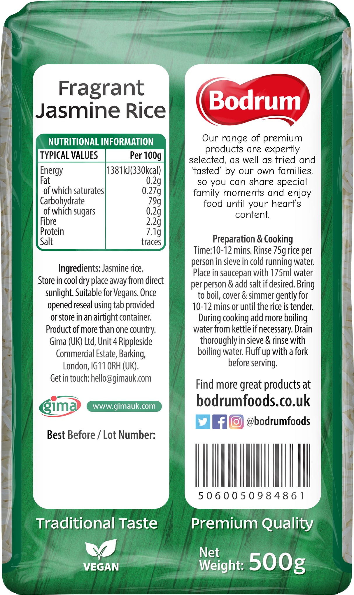 Bodrum Fragrant Jasmine Rice packaging with nutritional information and branding details.