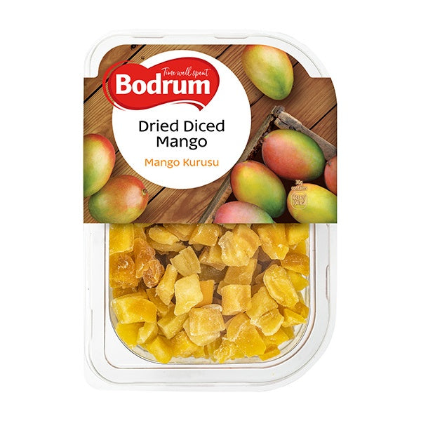 Packaged dried diced mangoes with Bodrum brand label on a white background