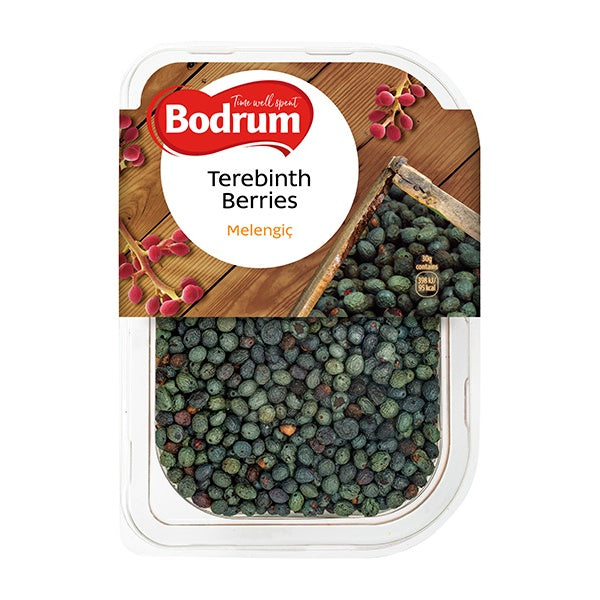 Packaged terebinth berries with Bodrum brand label on a white background
