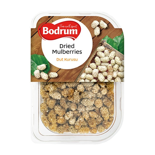 Packaged dried mulberries with Bodrum branding on a white background