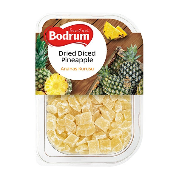 Packaged dried diced pineapple with Bodrum brand label on a white background