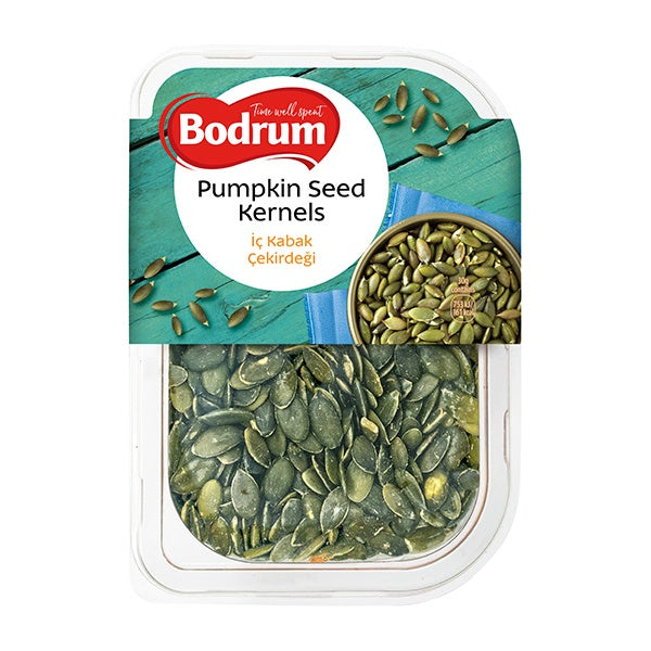 Packaged pumpkin seed kernels with Bodrum branding on a white background