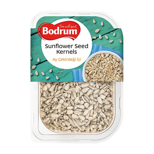 Packaged sunflower seed kernels with Bodrum branding on a white background