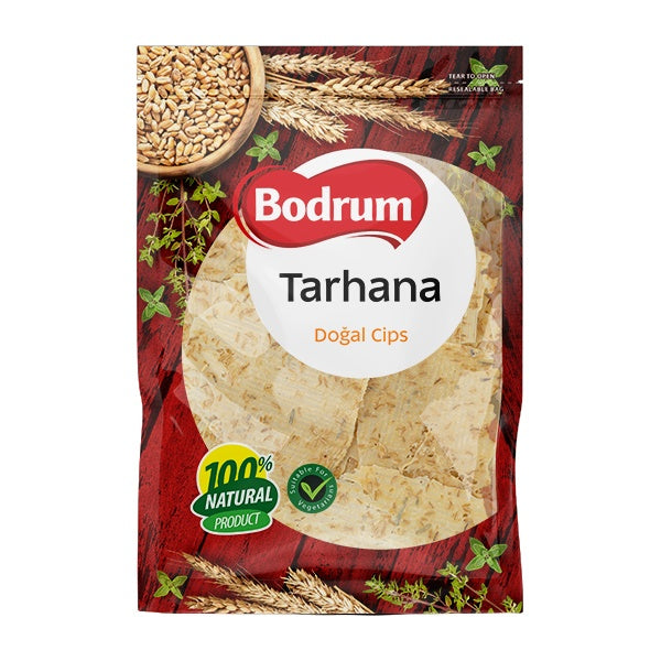 Bodrum Tarhana Dogal Cips packaging with wheat elements on a white background