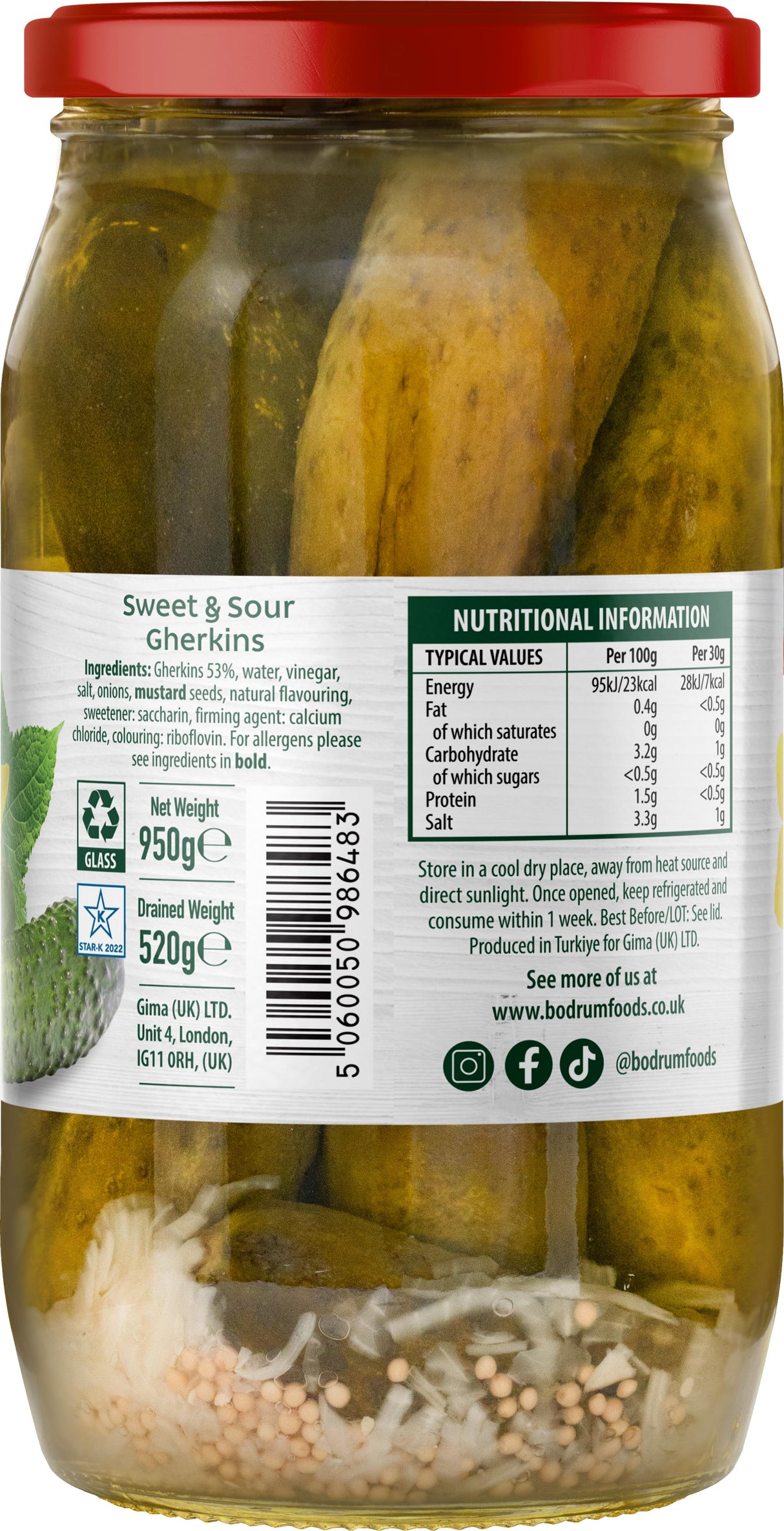 Bodrum Sweet & Sour Gherkins 950g