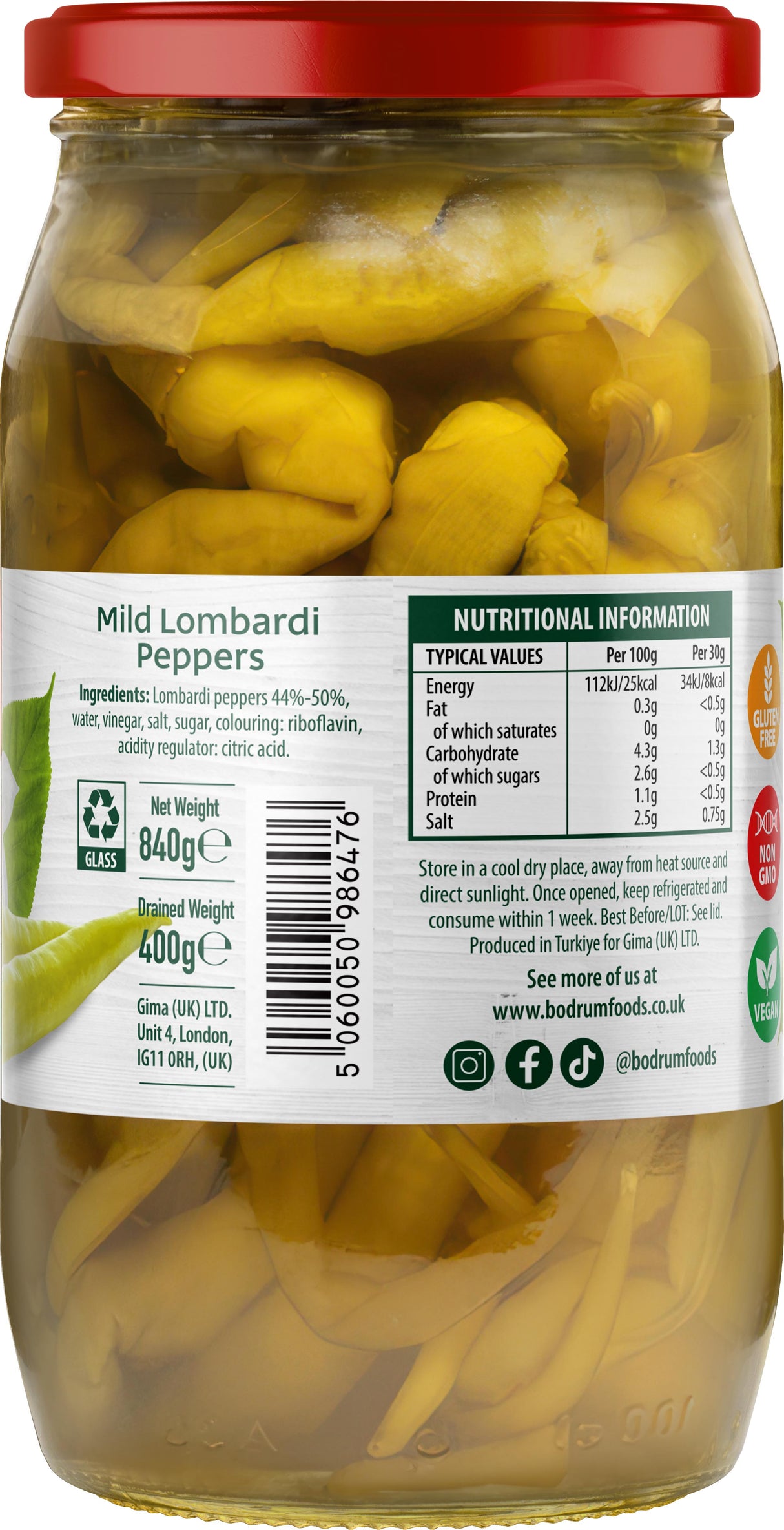 Bodrum Pickled Mild Lombardi Peppers 840g