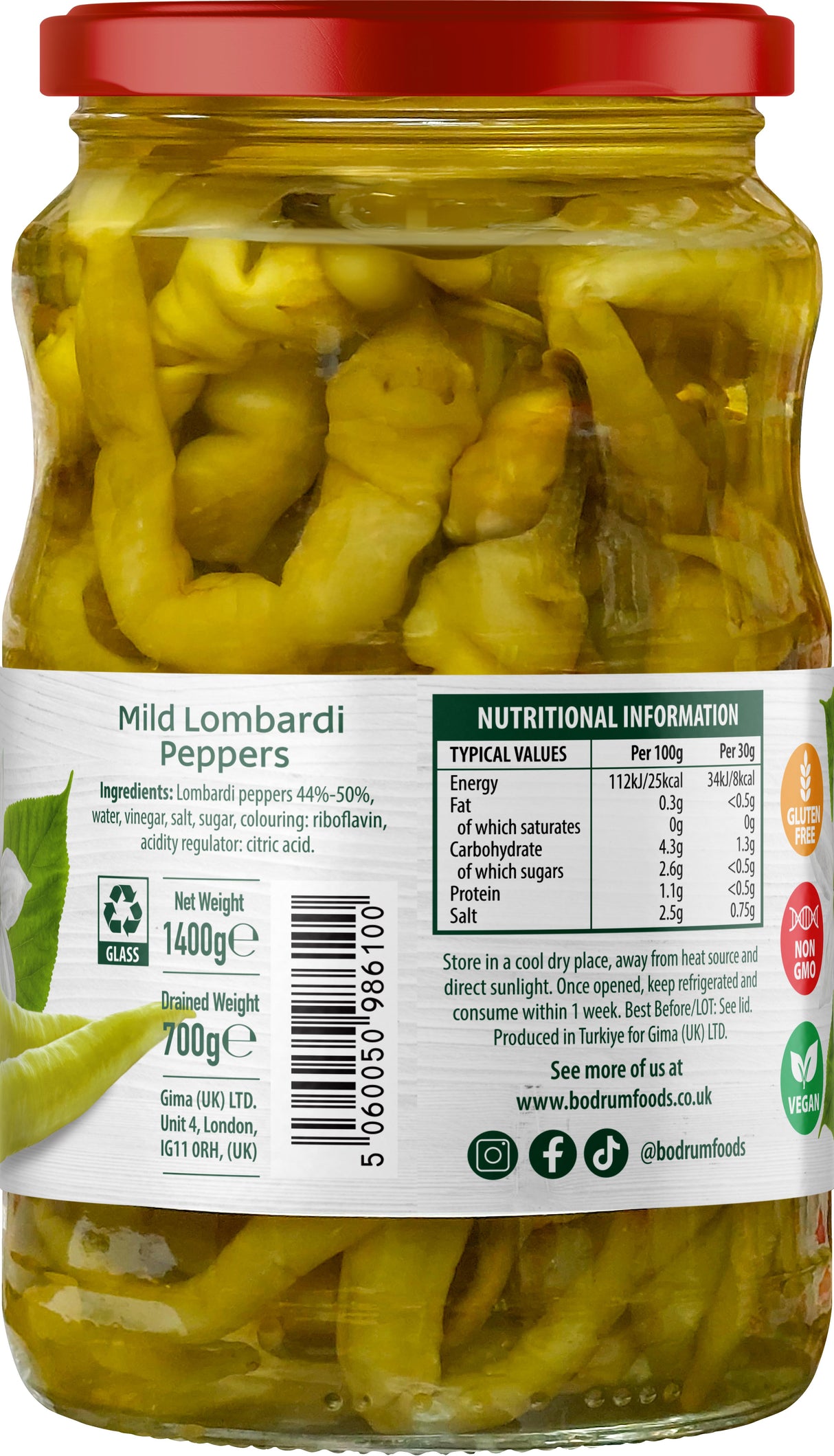 Bodrum Pickled Mild Lombardi Peppers 1400g