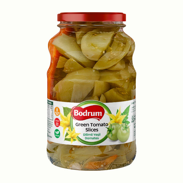 Jar of Bodrum Green Tomato Slices on a white background