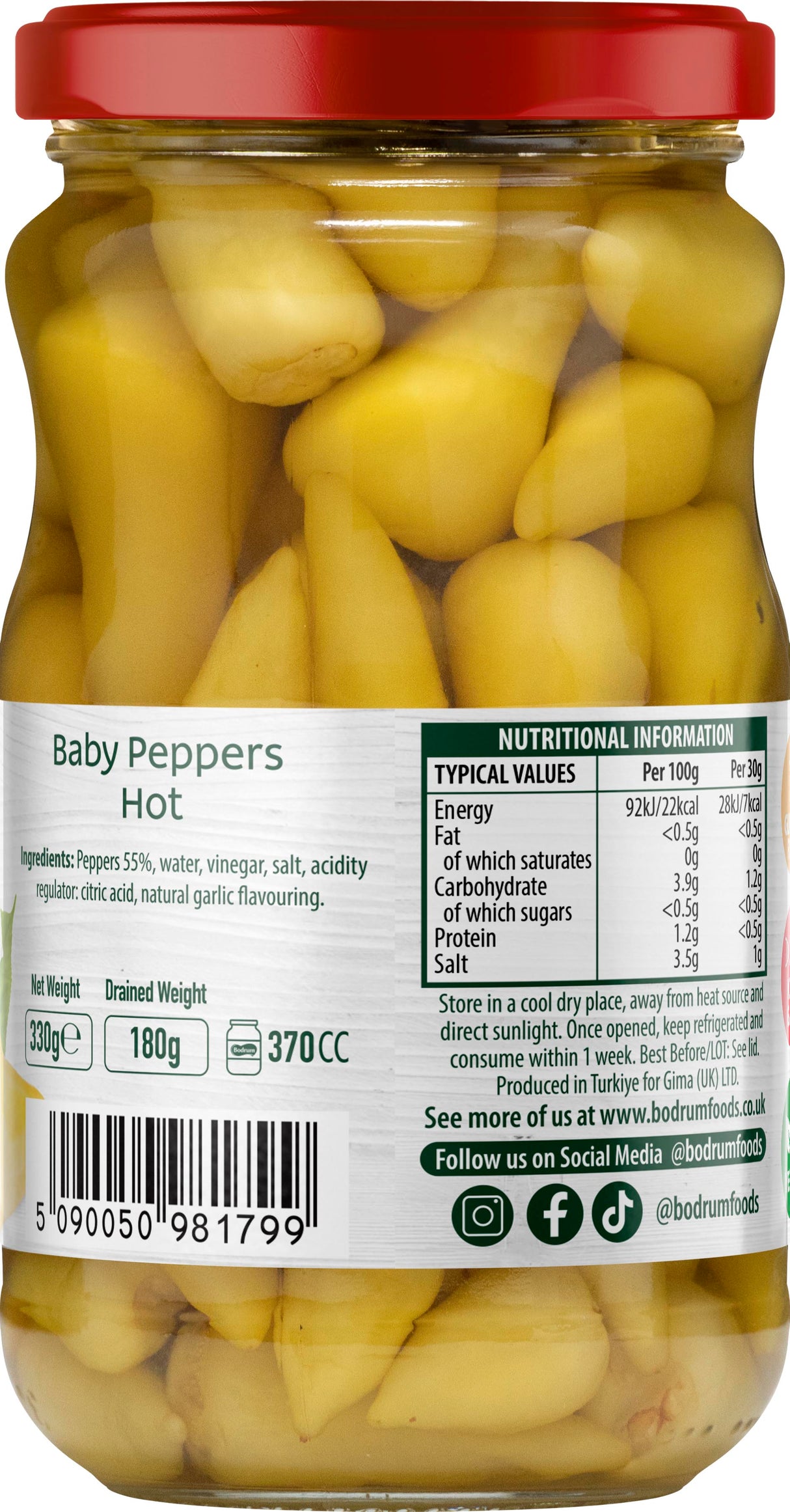 Bodrum Pickled Hot Baby Peppers 330g