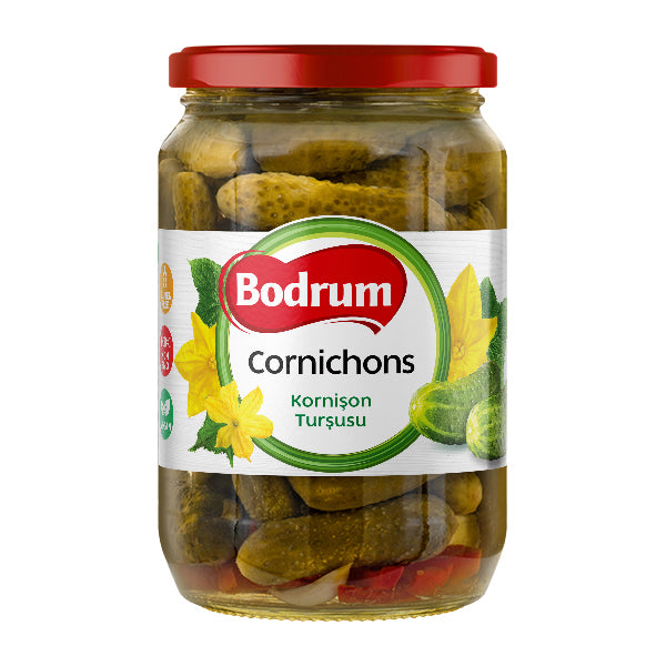 Jar of Bodrum Cornichons on a white background