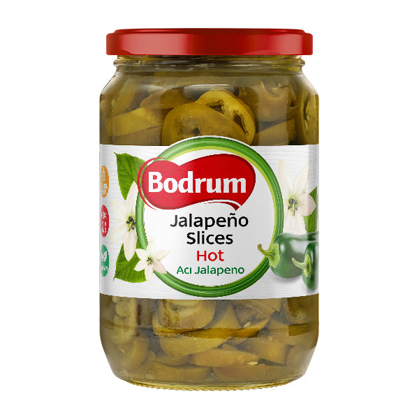 Jar of Bodrum Jalapeño Slices on a white background