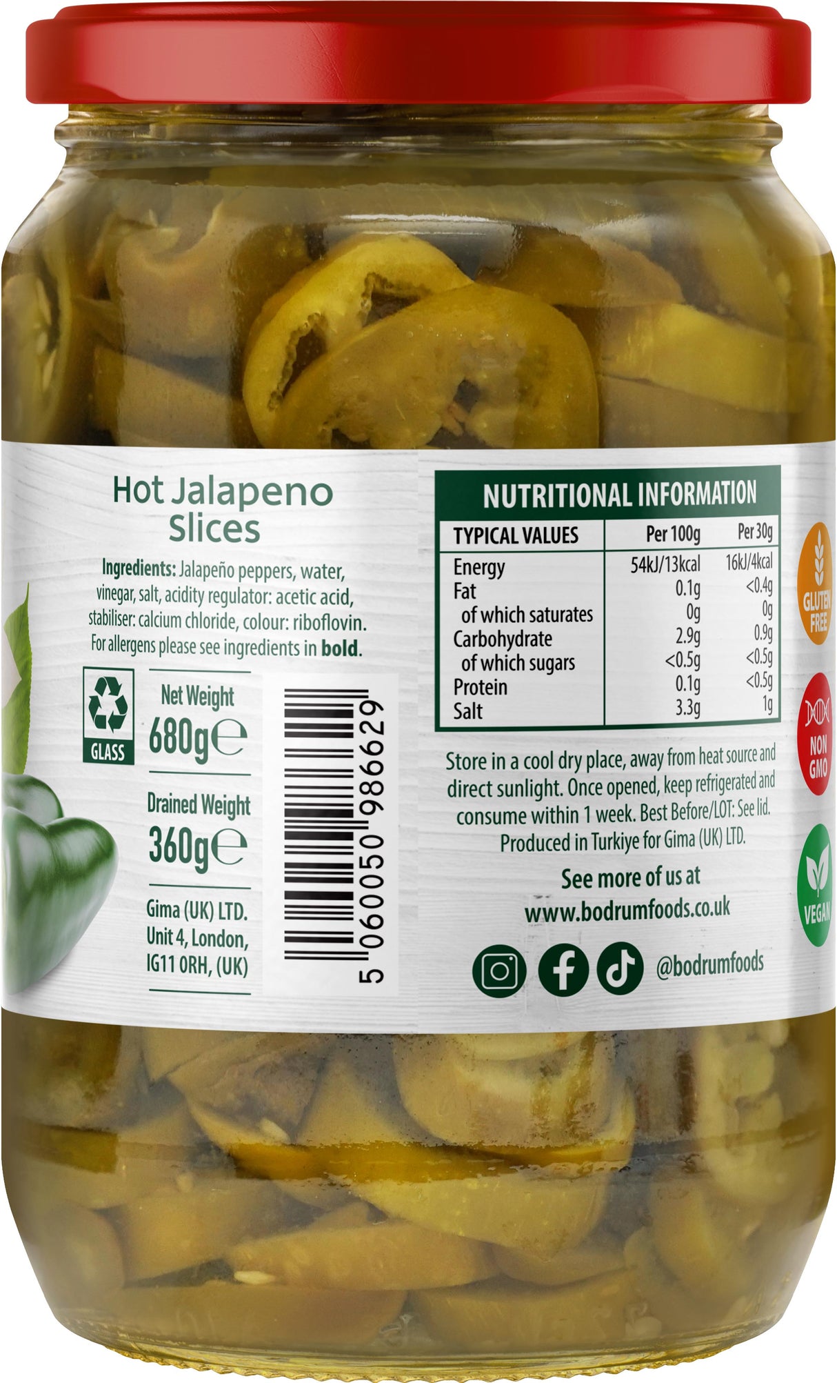 Jar of hot jalapeno slices with nutritional information label