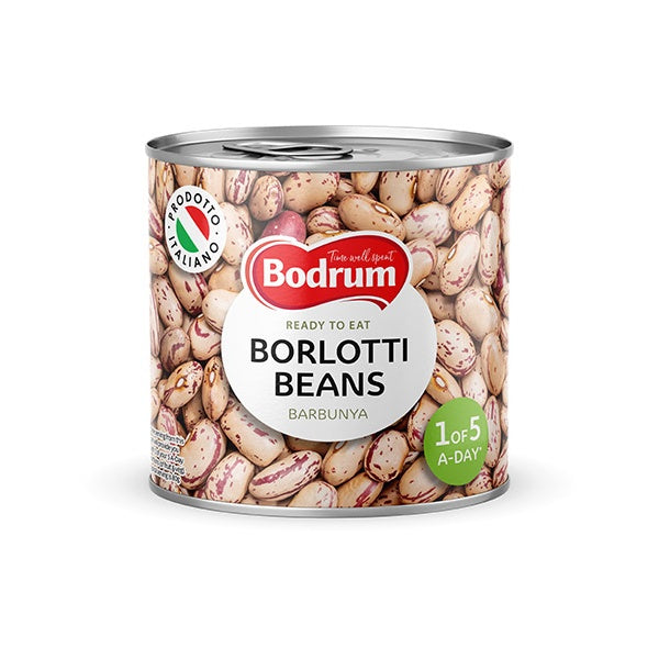 Can of Bodrum Borlotti Beans on a white background