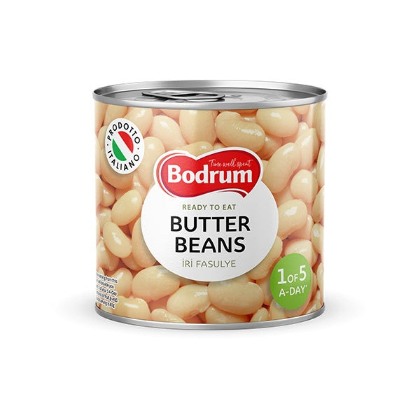 Can of Bodrum butter beans on a white background
