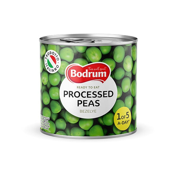 Can of Bodrum processed peas on a white background