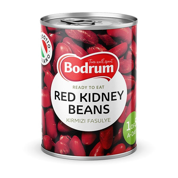 Can of Bodrum red kidney beans on a white background