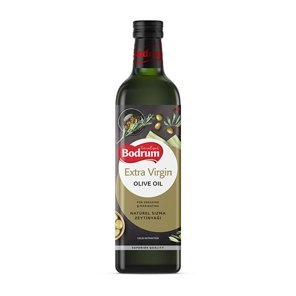 Bottle of Bodrum Extra Virgin Olive Oil on a white background