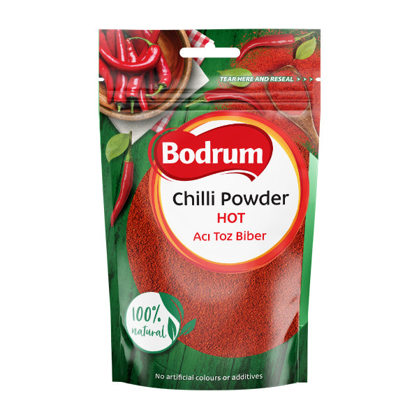Bodrum chili powder packaging with red chili peppers on a white background
