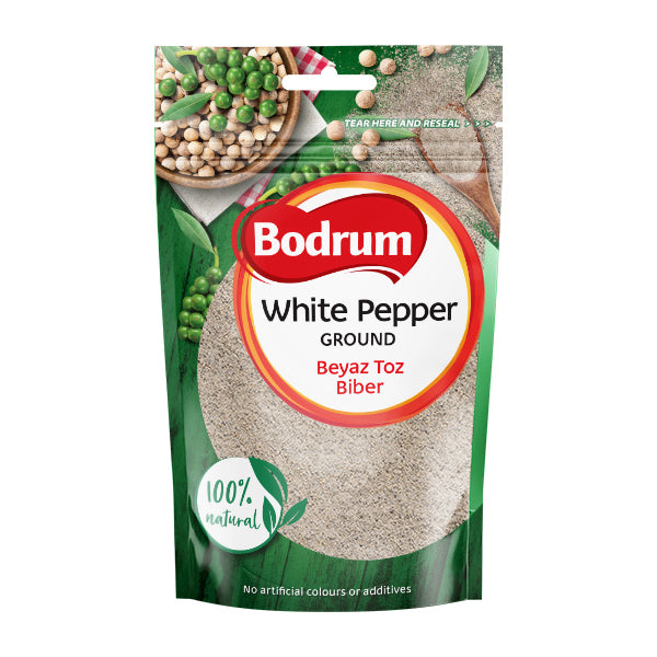 Packaging of Bodrum ground white pepper with green background