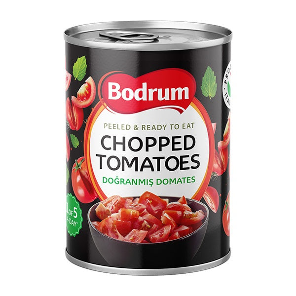 Can of Bodrum chopped tomatoes on a white background