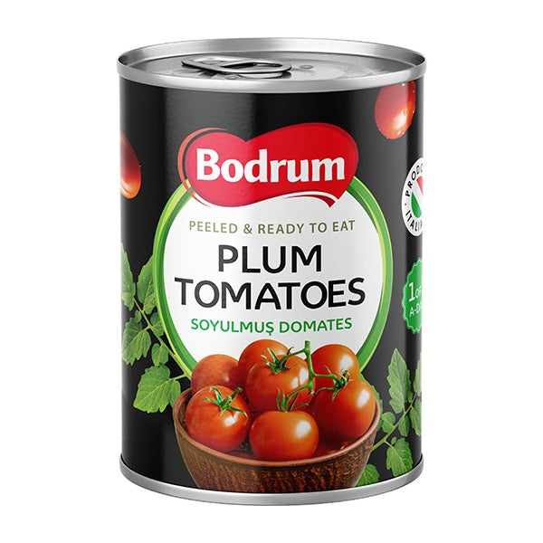 Can of Bodrum plum tomatoes on a white background