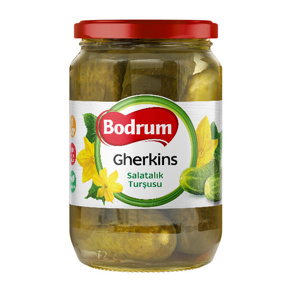 Jar of Bodrum Gherkins on a white background