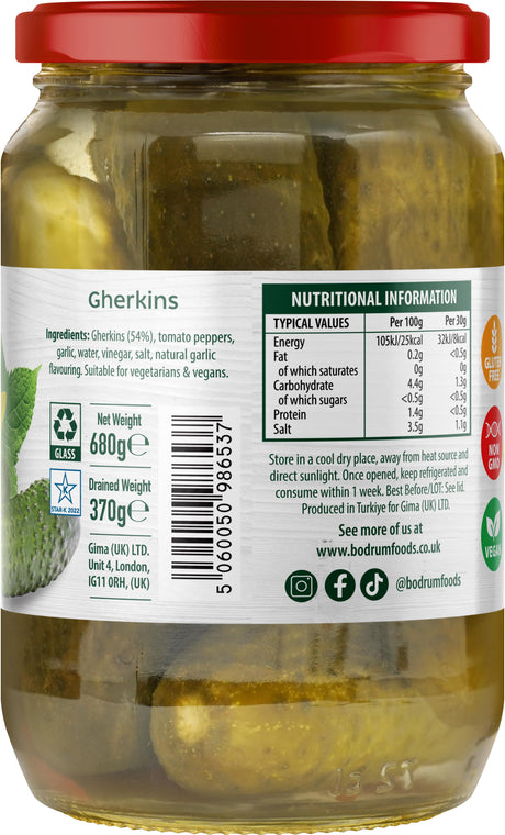 Jar of gherkins with a red lid and nutritional information label.