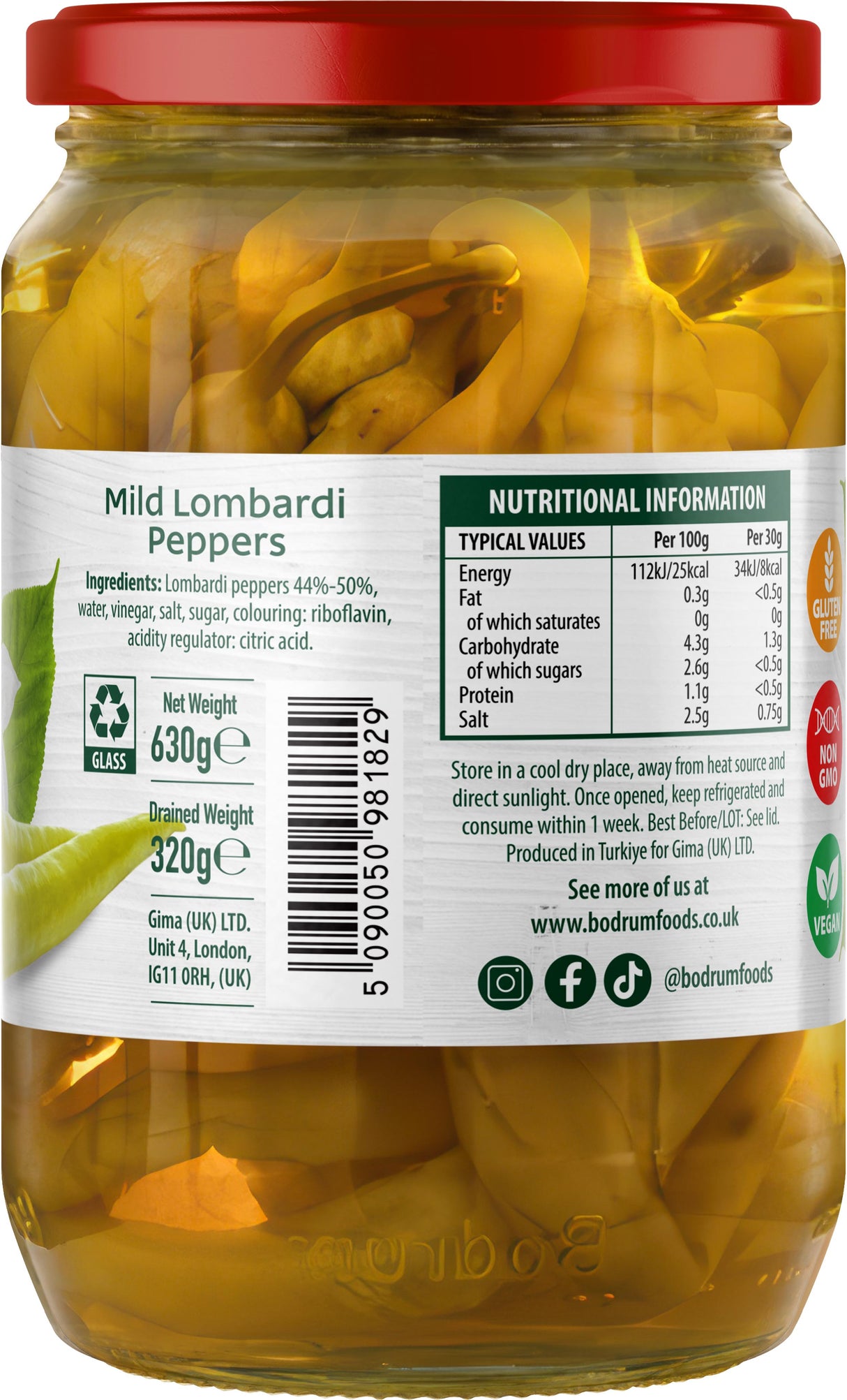 Bodrum Pickled Mild Lombardi Peppers 610g