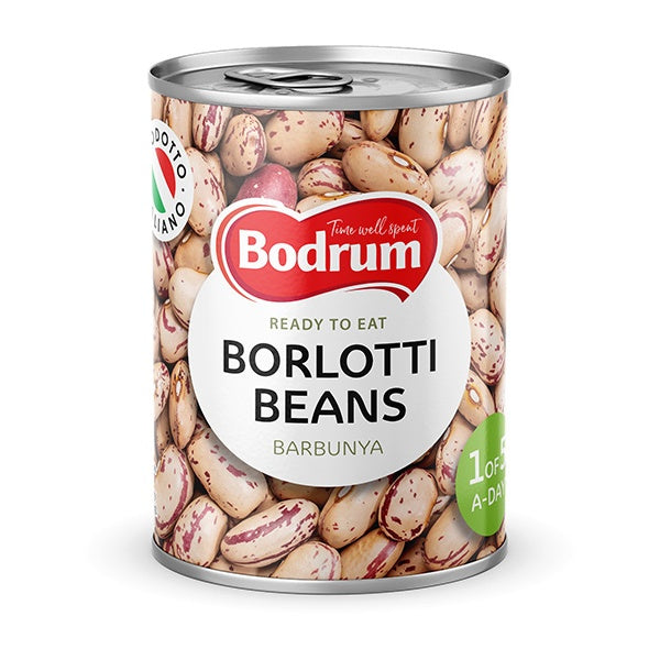 Can of Bodrum Borlotti Beans on a white background
