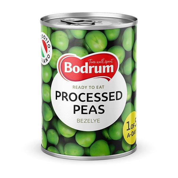 Can of Bodrum processed peas on a white background
