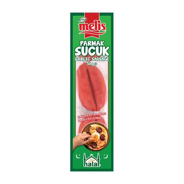 Packaging of Melis Parmak Sucuk garlic sausage on a white background