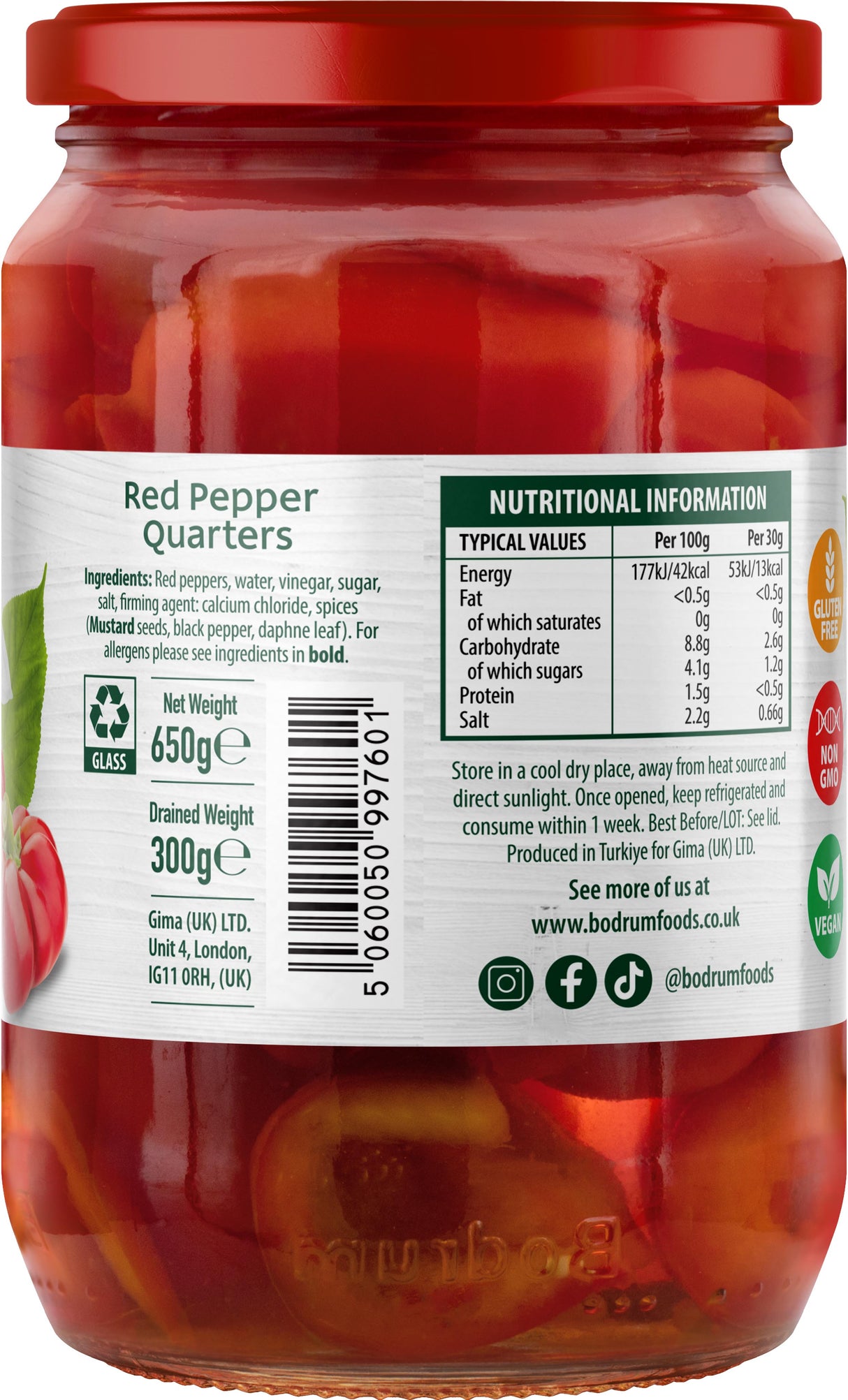Bodrum Red Pepper Quarters 620g