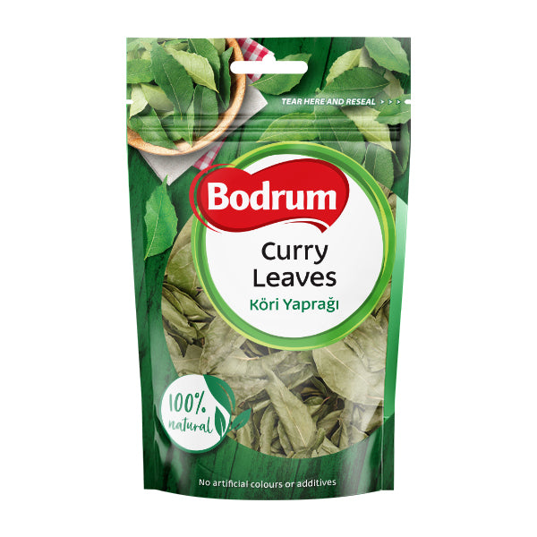 Packaging of Bodrum Curry Leaves with green leaves and red logo on a white background