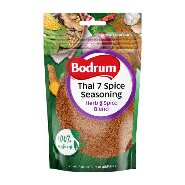 Bodrum Thai 7 Spice Seasoning package with herbs and spices on a white background