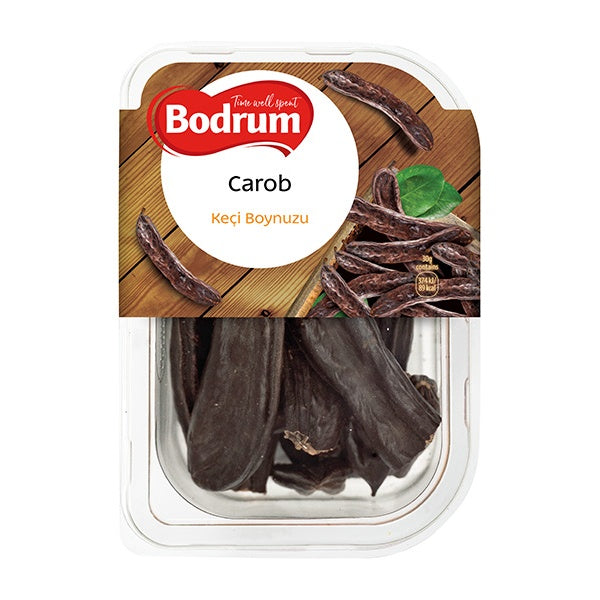 Packaged carob with Bodrum branding on a white background