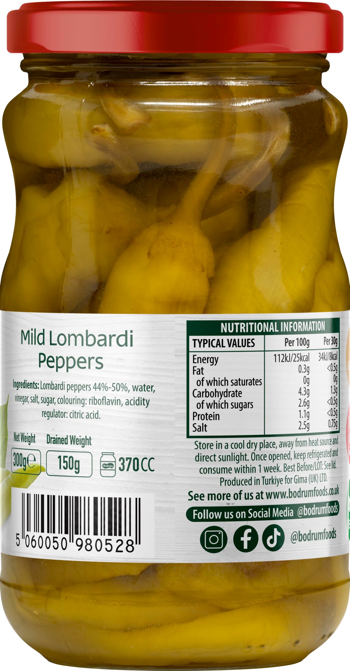 Bodrum Pickled Mild Lombardi Peppers 300g