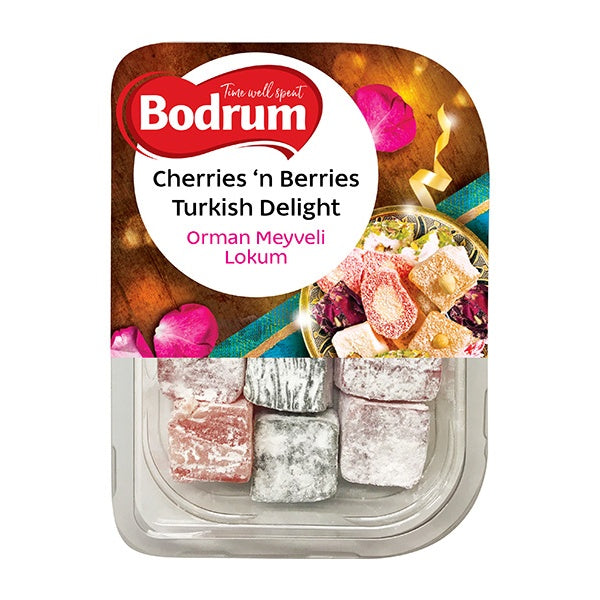 Packaged Turkish delight with 'Bodrum' branding on a white background