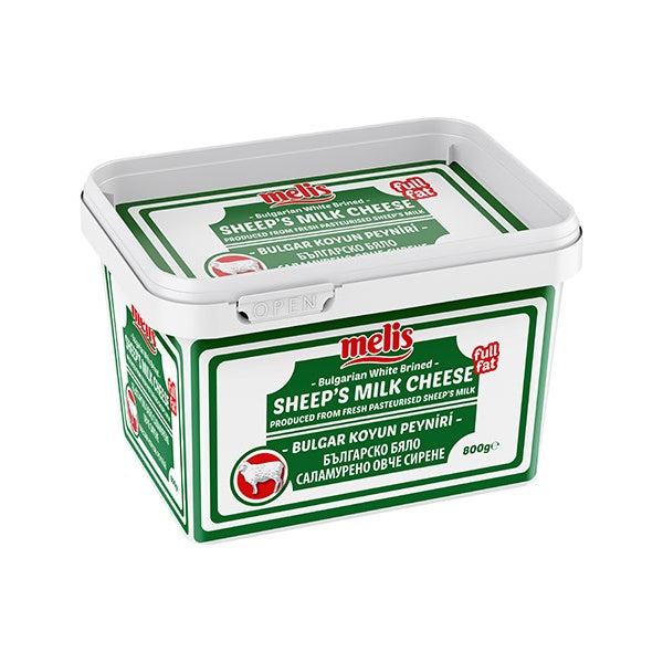 Bucket of sheep's milk cheese with green and white label on a white background