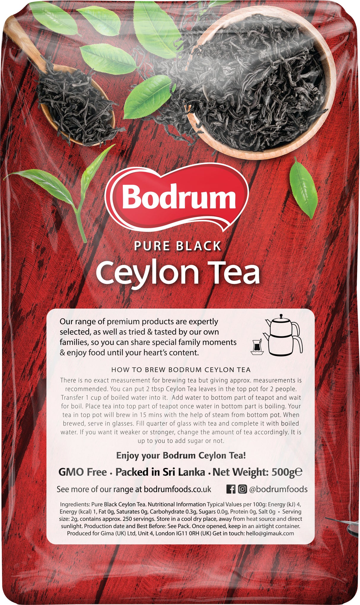 Bodrum Pure Black Ceylon Tea package with tea leaves and packaging details.