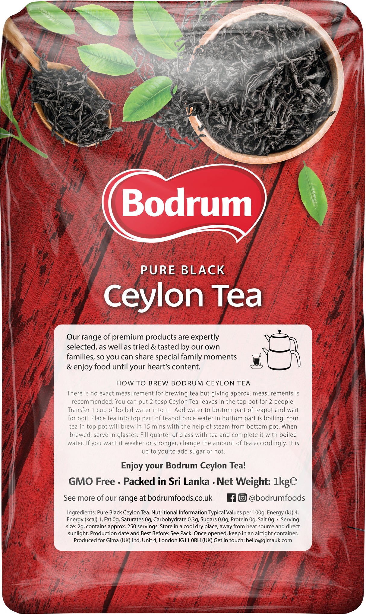 Bodrum Pure Black Ceylon Tea package with tea leaves on a red background
