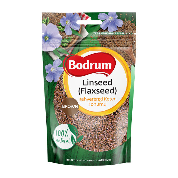 Packaging of Bodrum Linseed (Flaxseed) with a green background and floral elements.