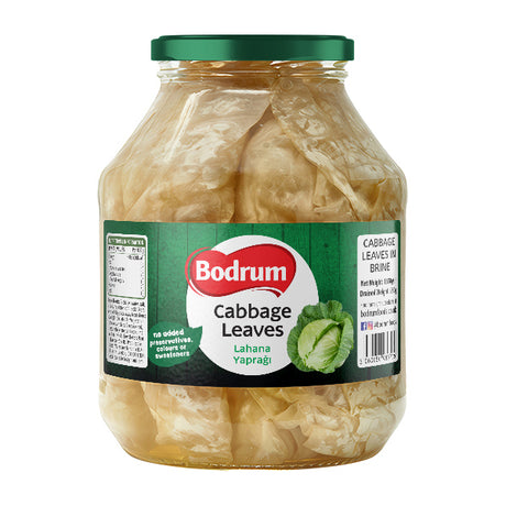 Jar of Bodrum Cabbage Leaves on a white background