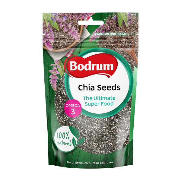 Bag of Bodrum chia seeds on a white background