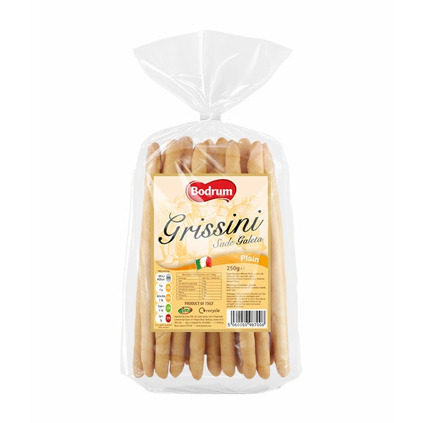 Packaged Bodrum Grissini sticks on a white background