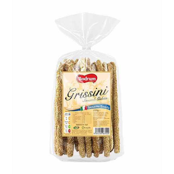 Packaged grissini with sesame seeds on a white background
