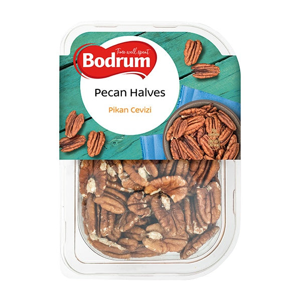 Packaged pecan halves with Bodrum branding on a white background