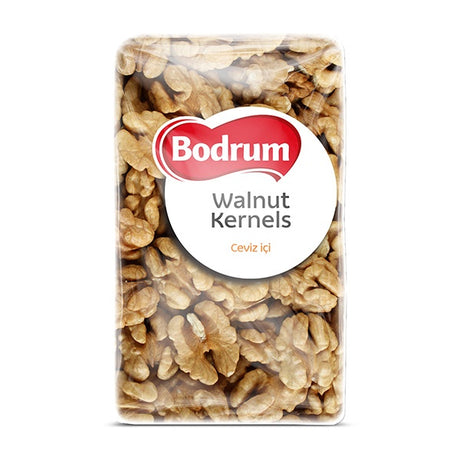 Packaged walnut kernels with Bodrum logo on a white background