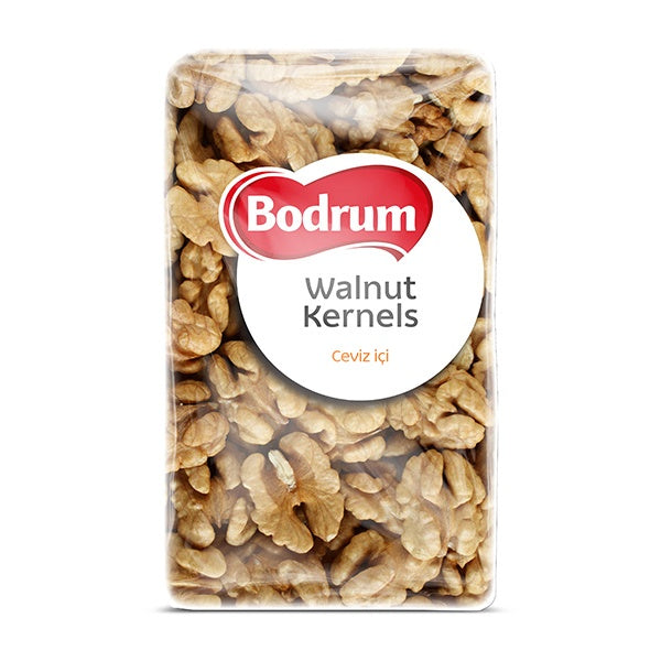 Packaged walnut kernels with Bodrum logo on a white background