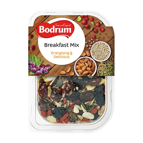 Bodrum Breakfast Mix packaging with ingredients on a wooden board