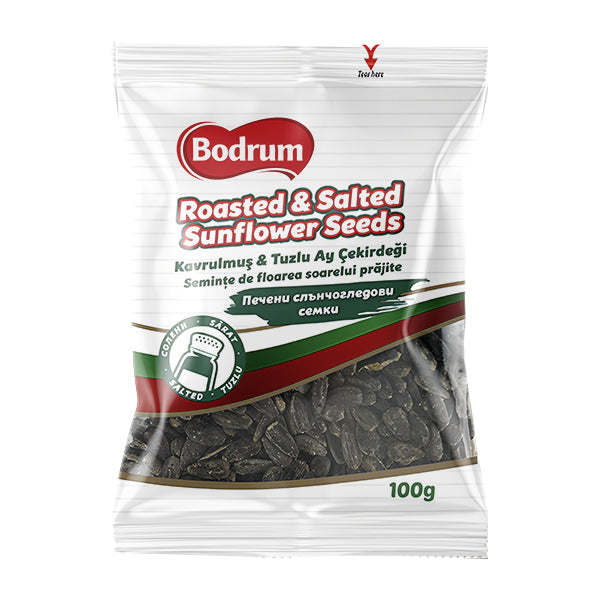 Packaged sunflower seeds with Bodrum branding on a white background
